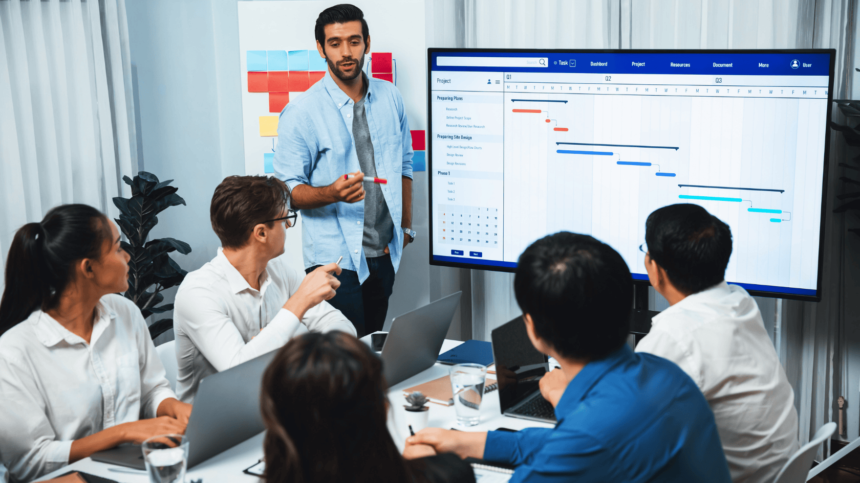 PRINCE2 change management presentation showing project timeline and Gantt chart to business team in conference room setting